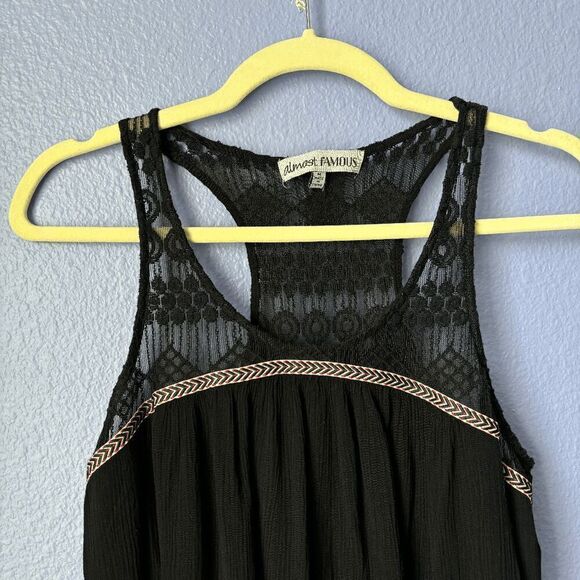 Almost Famous Tunic Dress Medium Black Lace Collar Aztec Print Flowy Sun Mini - Picture 4 of 7